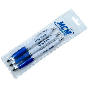 white pen with blue grip and Penn State on side, 3 pack